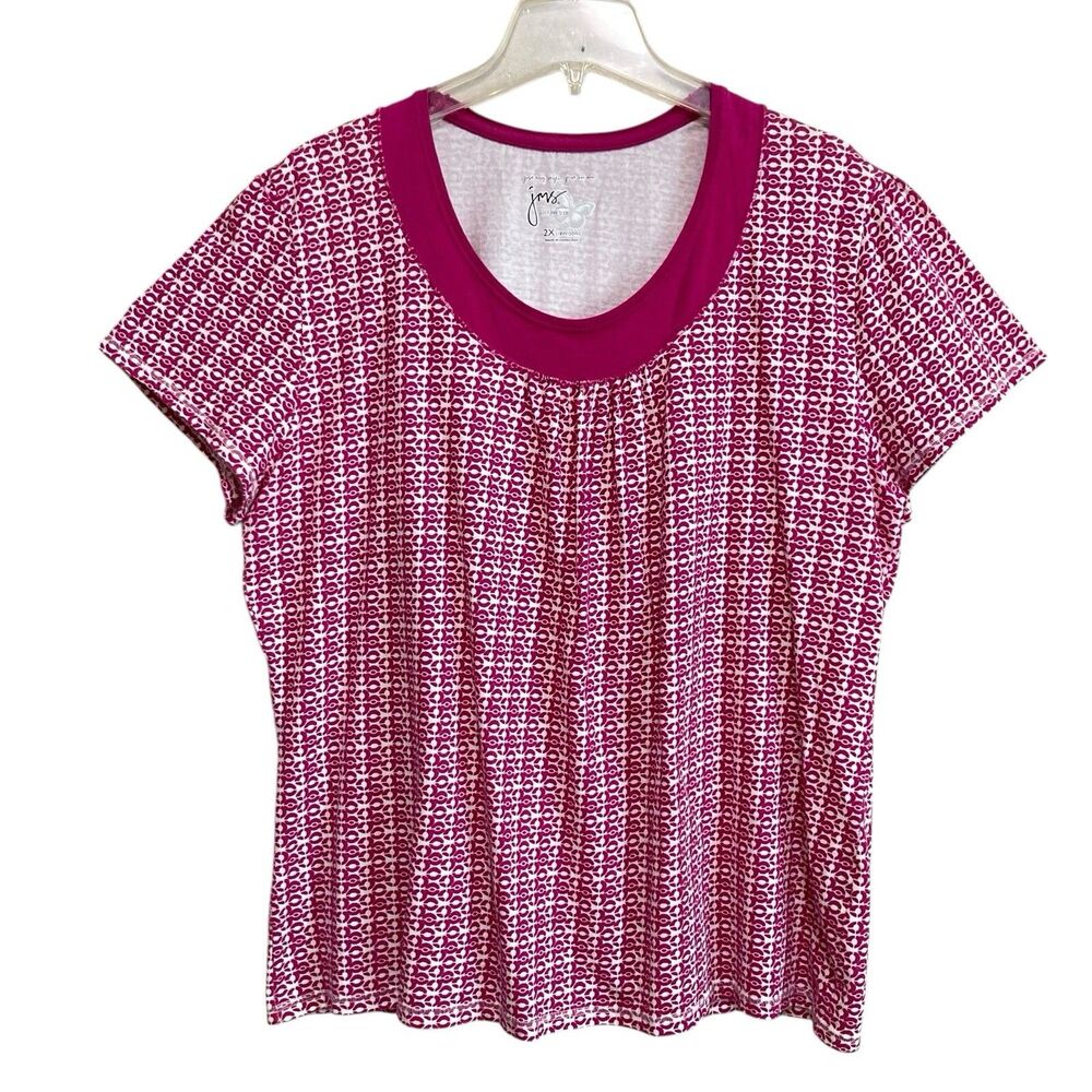 Just My Size Top Womens Size 2X (18W-24W) Pink White Short Sleeve Stretch Knit